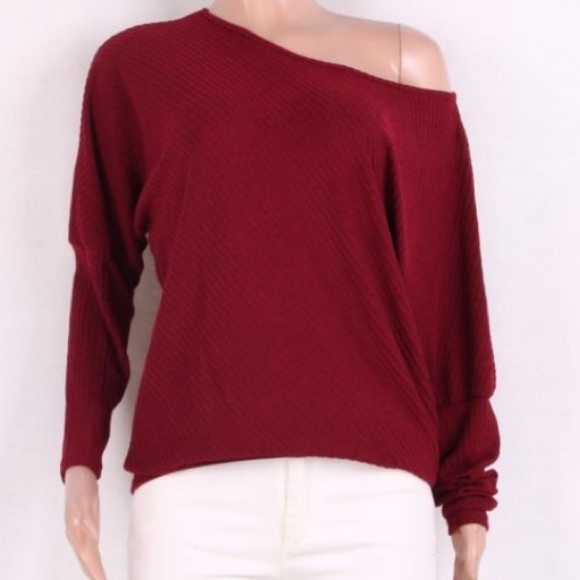 RESTOCK!BURGUNDY OFF SHOULDER LOOSE- SWEATER TOP - Picture 3 of 5